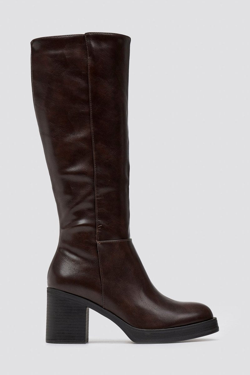 Boots with High Block Heel - Dark Brown Matte - thefashionproject.gr - Ideal shoes