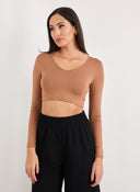 Crop top μακρυμάνικο με V λαιμόκοψη Noobass 01 - 83 - Caramel - thefashionproject.gr - Noobass