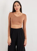 Crop top μακρυμάνικο με V λαιμόκοψη Noobass 01 - 83 - Caramel - thefashionproject.gr - Noobass