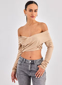 Crop top με κρουαζέ σχέδιο Different Shop 01 - 224 - Μπεζ - thefashionproject.gr - DIFFERENT - SHOP