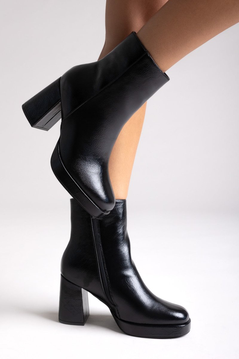 ERYNN Square - Toe Crinkled Patent Boots with Platform - Black Crinkled Patent - thefashionproject.gr - ERYNN