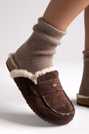 ERYNN Suede Winter Slippers with Faux Fur - Brown Suede - thefashionproject.gr - ERYNN