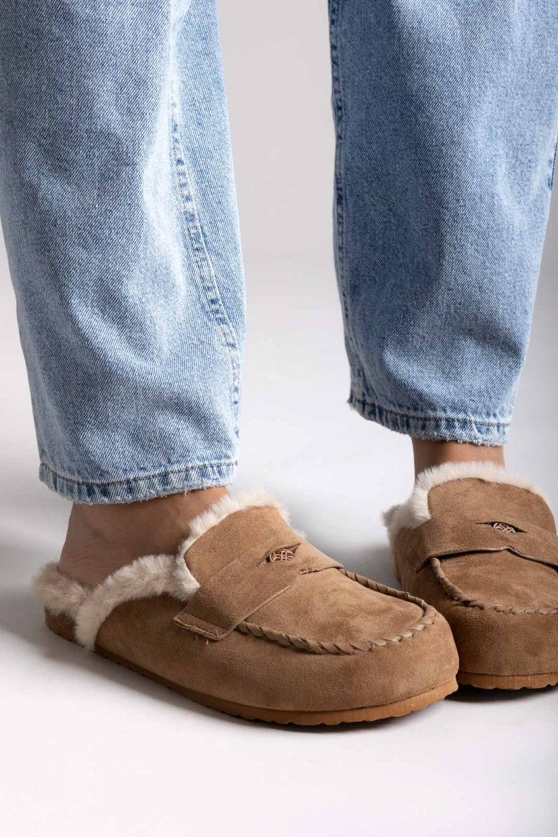 ERYNN Suede Winter Slippers with Faux Fur - Camel Suede - thefashionproject.gr - ERYNN