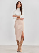 Φούστα μίντι με άνοιγμα BISOU - Μπεζ - thefashionproject.gr - BISOU