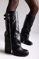 Knee - High Buckle Boots with Block Heel - Black Matte - thefashionproject.gr - ERYNN
