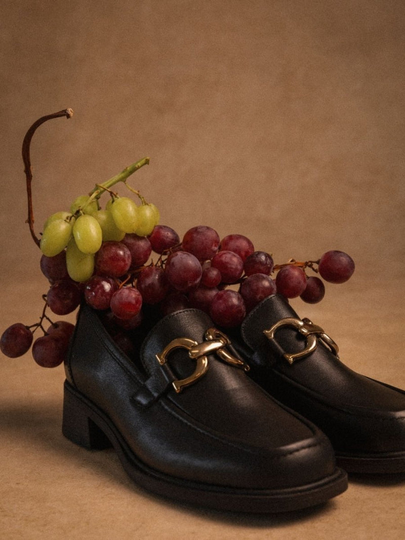 Black leather shoes with gold buckles on a brown background with grapes