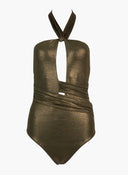 Μαγιό ολόσωμο γυαλιστερό με cut outs - Λαδί - thefashionproject.gr - Modern ocean