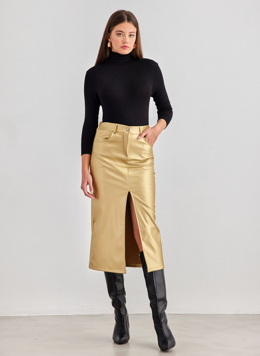 Μίντι φούστα δερματίνη με άνοιγμα FN FASHION