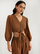 Μπλούζα crop με κουμπιά και δέσιμο - Καφέ - thefashionproject.gr - The Fashion Project - 21219036004