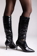 Pointed Boots with Buckle Strap - Black Crinkled Patent - thefashionproject.gr - Ideal shoes