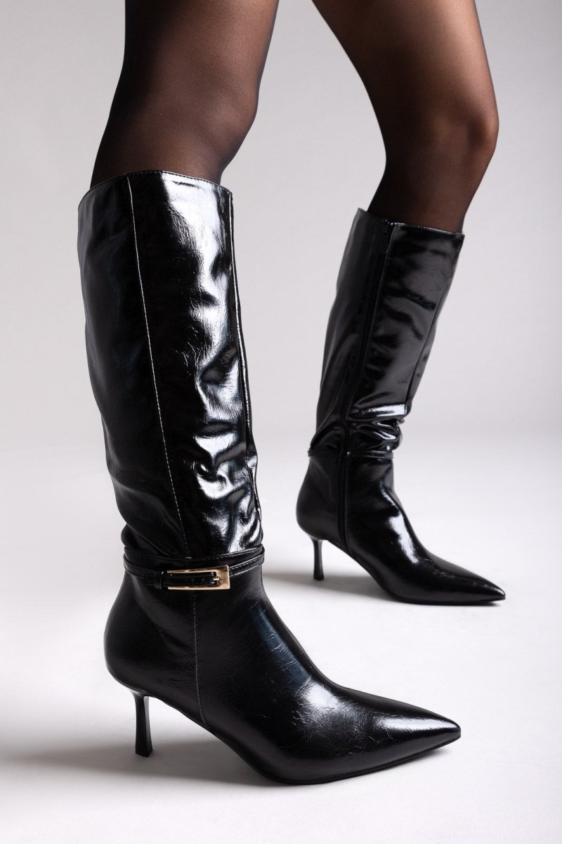 Pointed Boots with Buckle Strap - Black Crinkled Patent - thefashionproject.gr - Ideal shoes