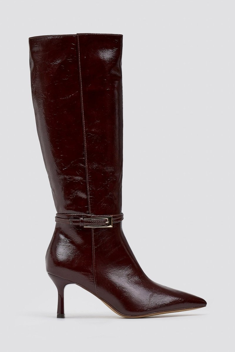 Pointed Boots with Buckle Strap - Burgundy Crinkled Patent - thefashionproject.gr - Ideal shoes