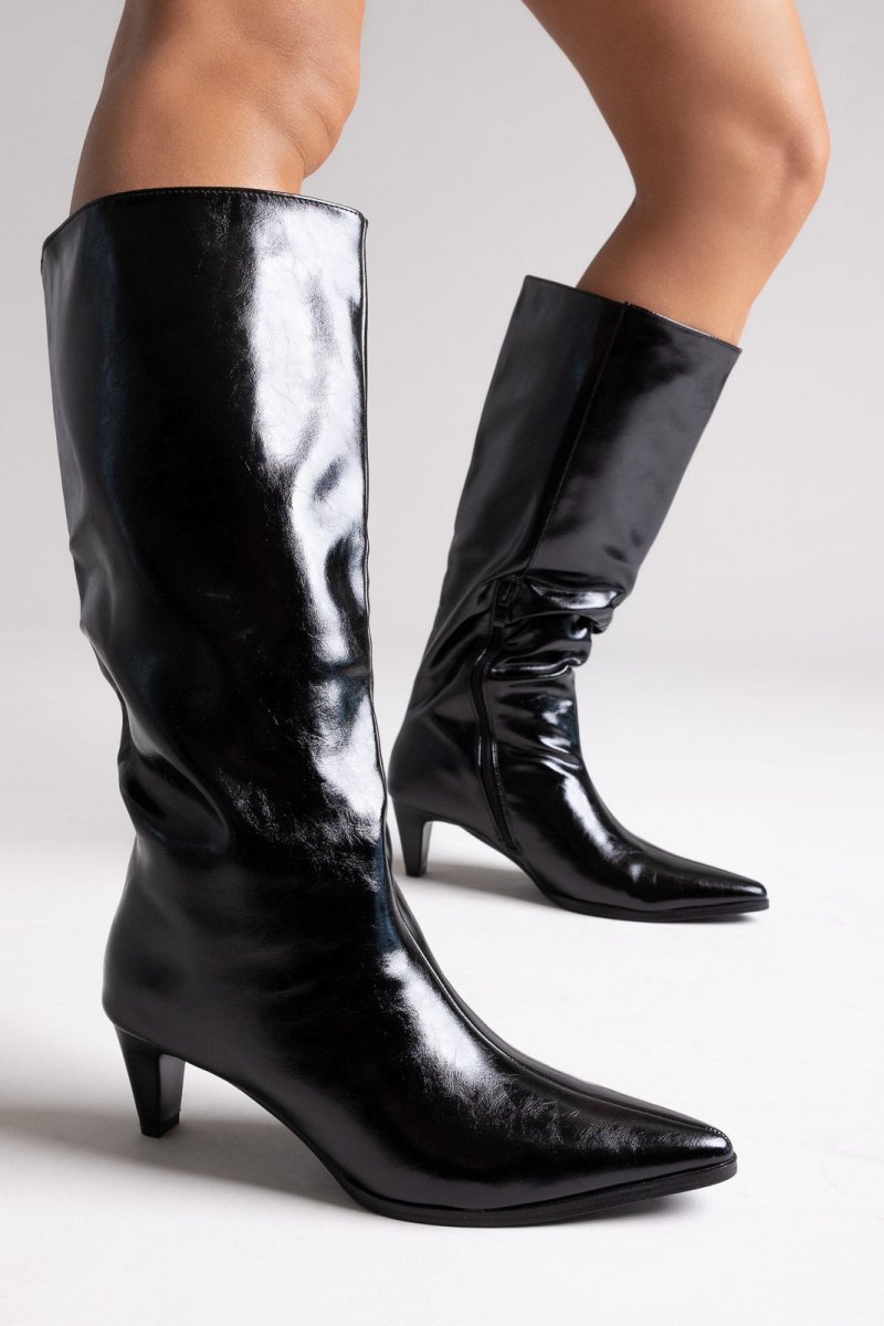 Pointed Crinkled Patent Boots with Kitten Heel - Black Crinkled Patent - thefashionproject.gr - Ideal shoes