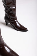 Pointed Crinkled Patent Boots with Kitten Heel - Brown Crinkled Patent - thefashionproject.gr - Ideal shoes
