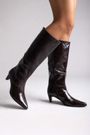 Pointed Crinkled Patent Boots with Kitten Heel - Brown Crinkled Patent - thefashionproject.gr - Ideal shoes