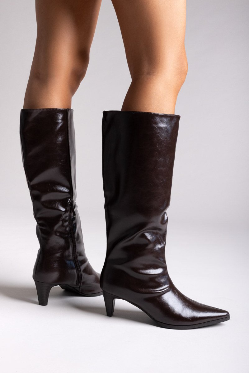 Pointed Crinkled Patent Boots with Kitten Heel - Brown Crinkled Patent - thefashionproject.gr - Ideal shoes