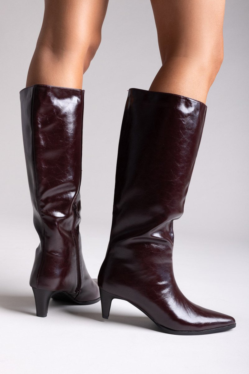 Pointed Crinkled Patent Boots with Kitten Heel - Burgundy Crinkled Patent - thefashionproject.gr - Ideal shoes