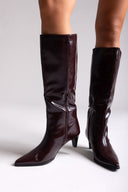 Pointed Crinkled Patent Boots with Kitten Heel - Burgundy Crinkled Patent - thefashionproject.gr - Ideal shoes