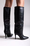 Pointed Croc - Effect Boots with Stiletto Heel - Black Croc - thefashionproject.gr - Ideal shoes