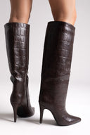 Pointed Croc - Effect Boots with Stiletto Heel - Brown Croc - thefashionproject.gr - Ideal shoes