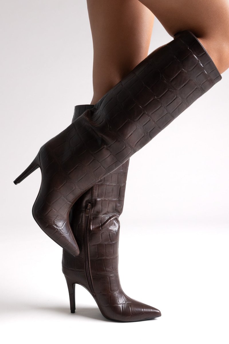 Pointed Croc - Effect Boots with Stiletto Heel - Brown Croc - thefashionproject.gr - Ideal shoes