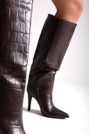 Pointed Croc - Effect Boots with Stiletto Heel - Brown Croc - thefashionproject.gr - Ideal shoes