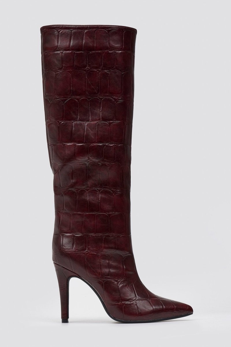 Pointed Croc - Effect Boots with Stiletto Heel - Burgundy Croc - thefashionproject.gr - Ideal shoes