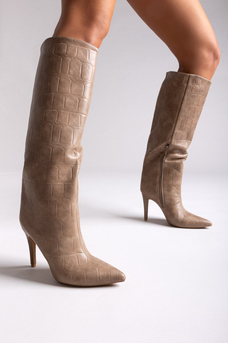 Pointed Croc - Effect Boots with Stiletto Heel - Taupe Croc - thefashionproject.gr - Ideal shoes