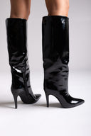 Pointed Patent Boots with Stiletto Heel - Black Patent - thefashionproject.gr - Ideal shoes