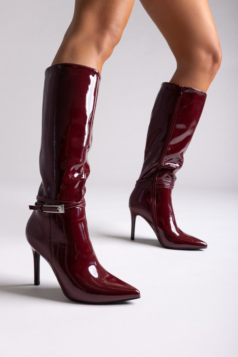 Pointed Patent Boots with Stiletto Heel - Burgundy Patent - thefashionproject.gr - Ideal shoes