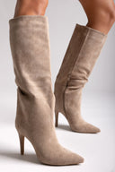 Pointed Suede Boots with Stiletto Heel - Taupe Suede - thefashionproject.gr - Ideal shoes