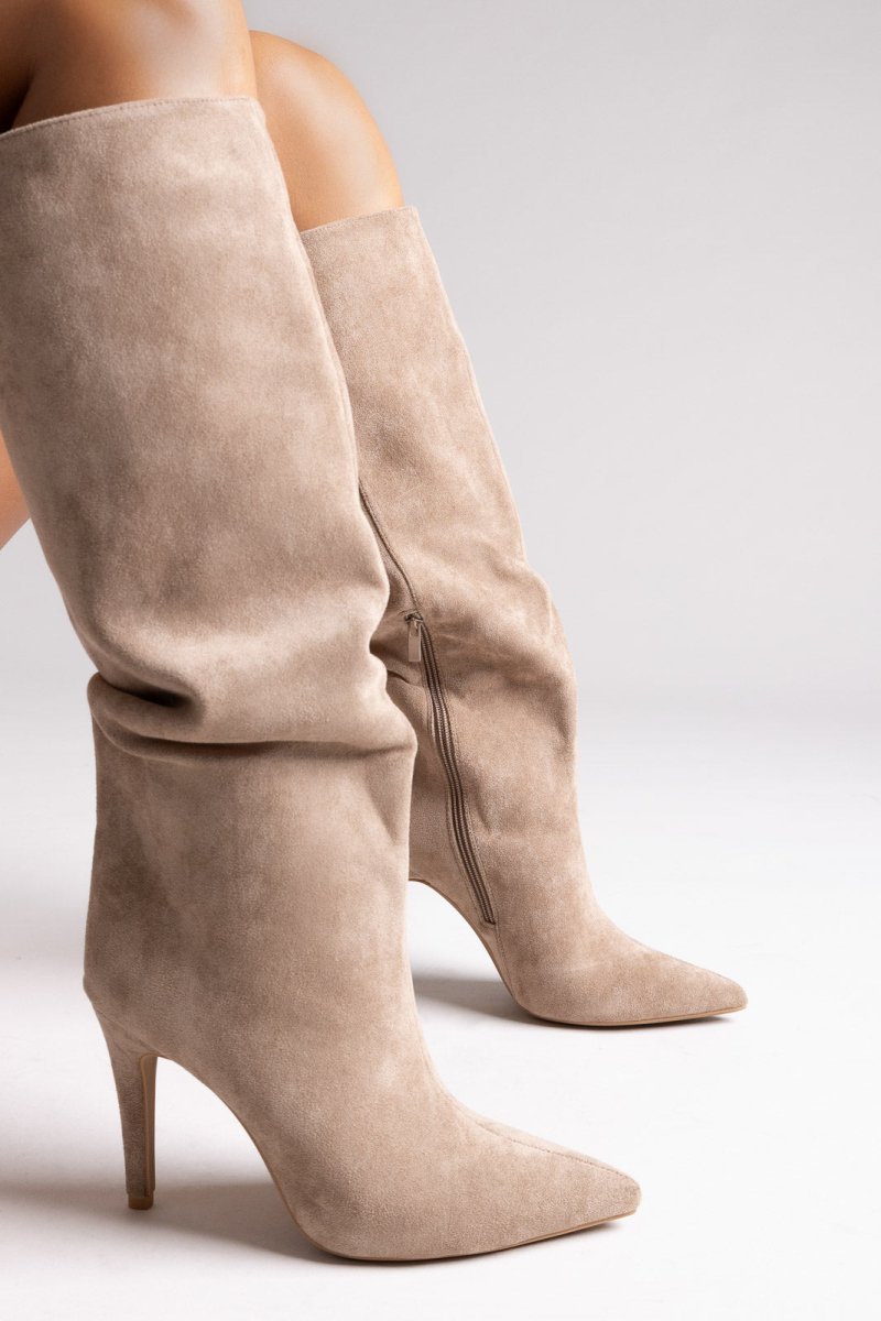 Pointed Suede Boots with Stiletto Heel - Taupe Suede - thefashionproject.gr - Ideal shoes