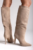 Pointed Suede Boots with Stiletto Heel - Taupe Suede - thefashionproject.gr - Ideal shoes
