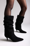 Pointed Suede Slouch Boots with Kitten Heel - Black Suede - thefashionproject.gr - Ideal shoes