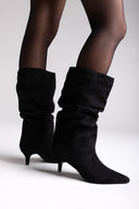 Pointed Suede Slouch Boots with Kitten Heel - Black Suede - thefashionproject.gr - Ideal shoes