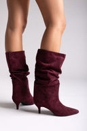 Pointed Suede Slouch Boots with Kitten Heel - Burgundy Suede - thefashionproject.gr - Ideal shoes