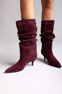 Pointed Suede Slouch Boots with Kitten Heel - Burgundy Suede - thefashionproject.gr - Ideal shoes