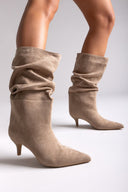 Pointed Suede Slouch Boots with Kitten Heel - Taupe Suede - thefashionproject.gr - Ideal shoes