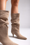 Pointed Suede Slouch Boots with Kitten Heel - Taupe Suede - thefashionproject.gr - Ideal shoes