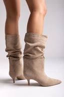 Pointed Suede Slouch Boots with Kitten Heel - Taupe Suede - thefashionproject.gr - Ideal shoes