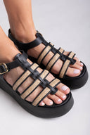 Σανδάλια δερμάτινα flatforms gladiator με ψάθα Estil