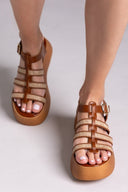 Σανδάλια δερμάτινα flatforms gladiator με ψάθα Estil - Ταμπά - thefashionproject.gr - Estil - 23805007003