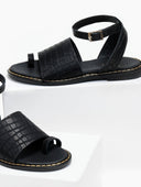 Σανδάλια δερμάτινα κροκό estil - Μαύρο - thefashionproject.gr - Estil