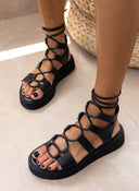 Σανδάλια flatforms δερμάτινα με κορδόνια TFP - Μαύρο - thefashionproject.gr - TFP