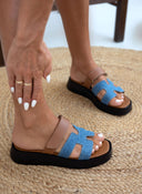 Σανδάλια flatforms δερμάτινα με τζιν φάσα tfp