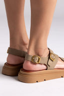 Σανδάλια καστόρινα με δύο τοκάδες Tfp - Λαδί - thefashionproject.gr - TFP - 23978096003