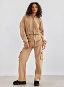 Σετ παντελόνι cargo με φούτερ ζακέτα Jean Louis Francoise - Κάμελ - thefashionproject.gr - Jean Louis Francoise