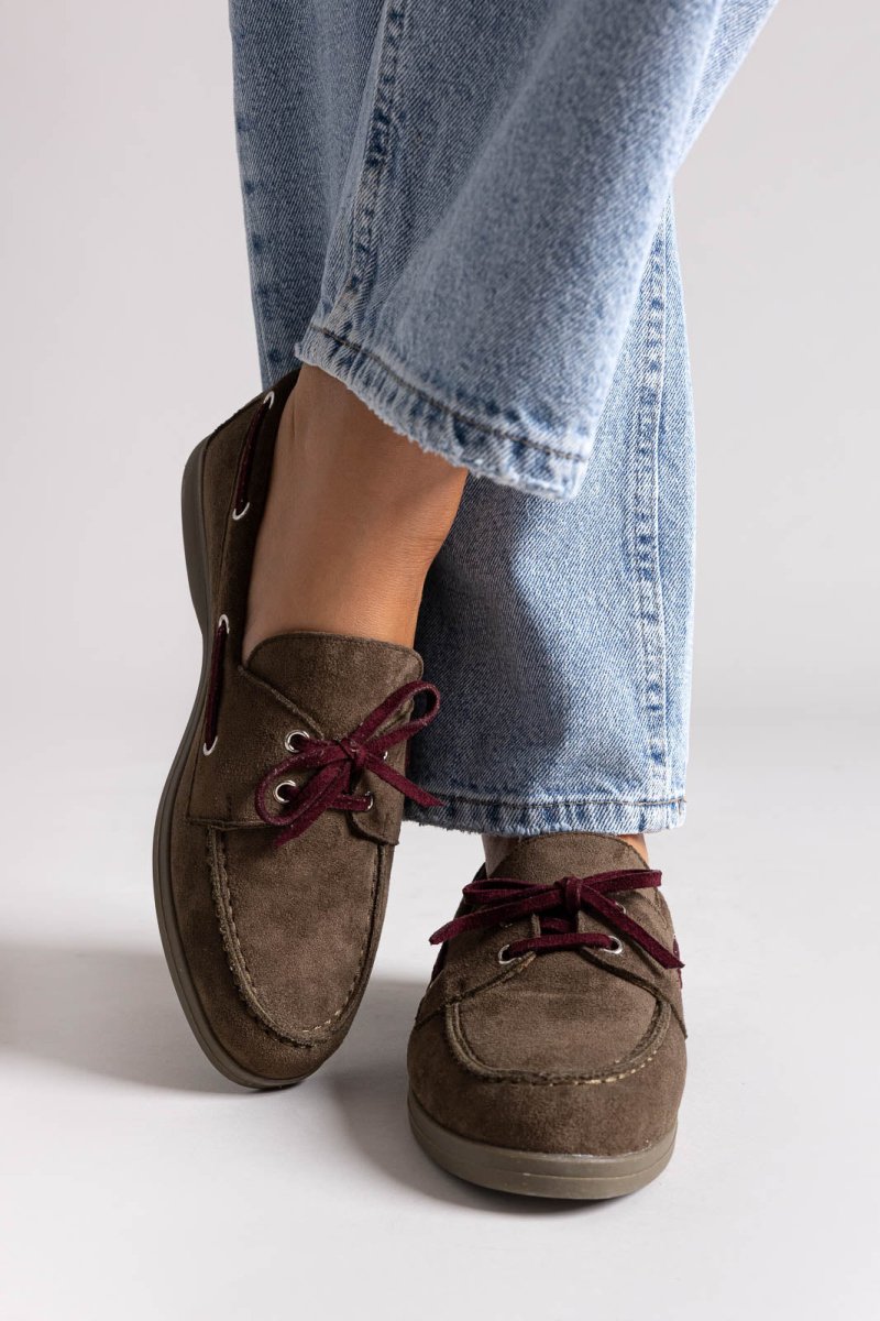 Suede Loafers with Two - Tone Laces - Olive Suede - thefashionproject.gr - MARQUIIZ