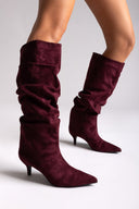 Suede Pointed Boots with Kitten Heel - Burgundy Suede - thefashionproject.gr - MARQUIIZ