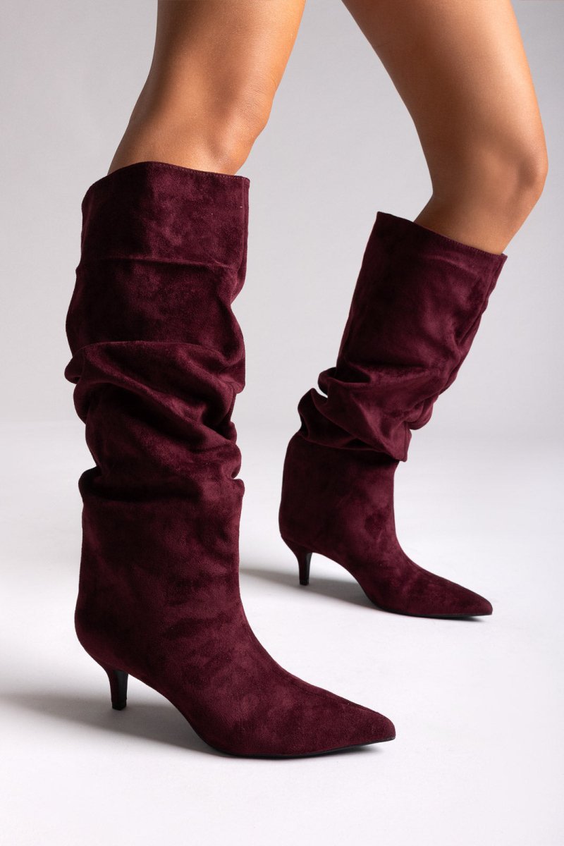 Suede Pointed Boots with Kitten Heel - Burgundy Suede - thefashionproject.gr - MARQUIIZ